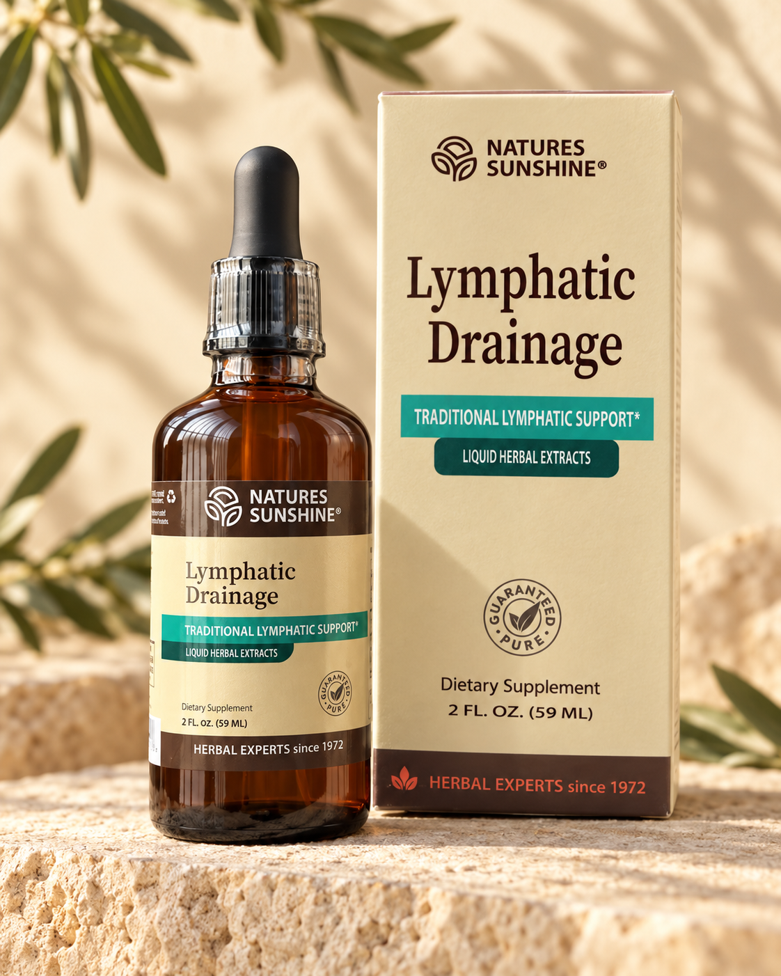 Composición de estudio del frasco Lymphatic Drainage de 59 ml y su caja